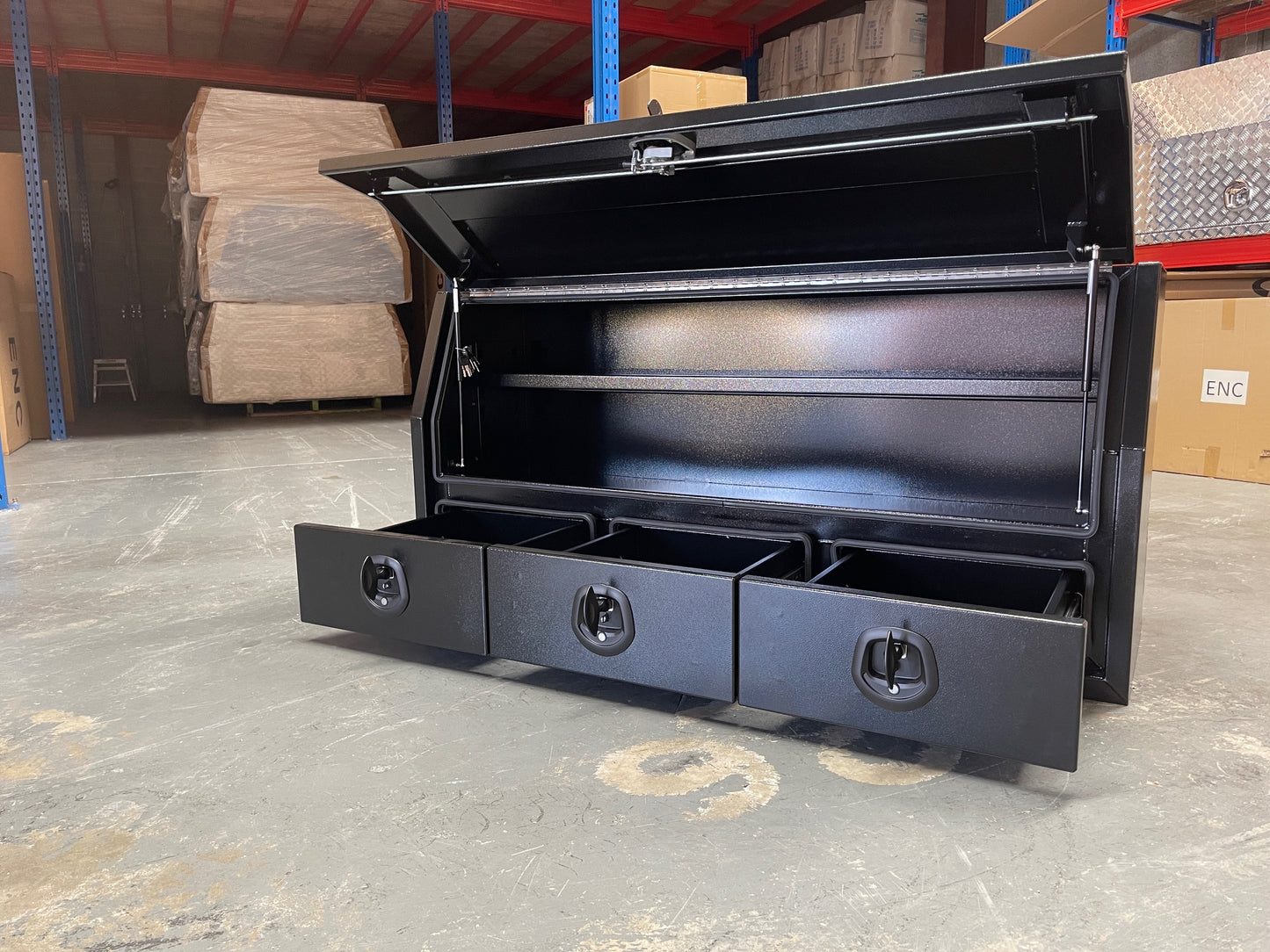 Black Side Opening Toolbox with 3 Bottom Drawers - 1750mm Long